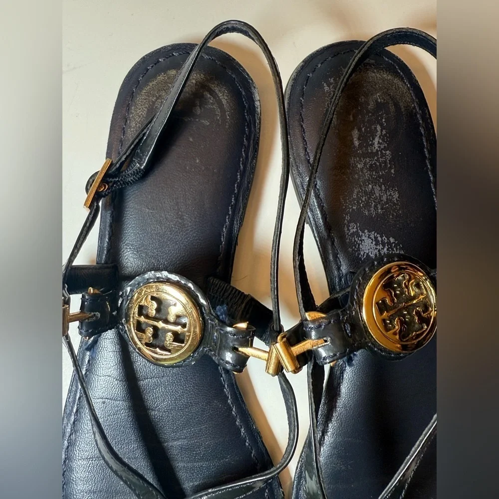Tory Burch Black Thong Sandals with Gold Logo